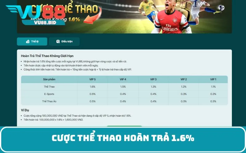 Cược thể thao hoàn trả 1.6%